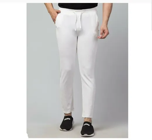 Stylish White Cotton Blend Solid Regular Track Pants For Men