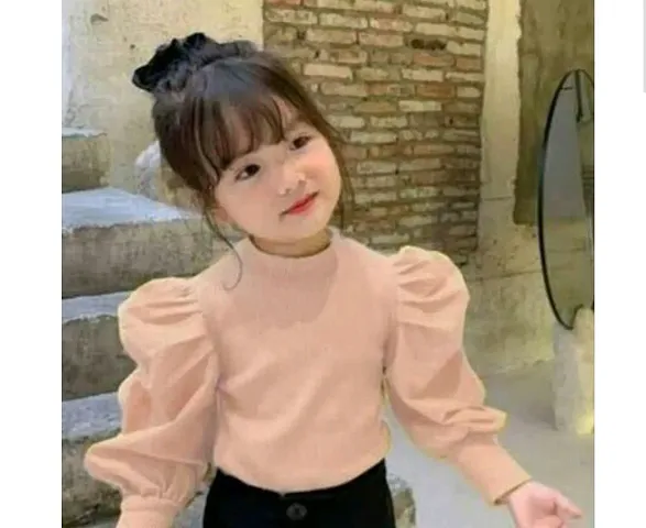 Solid Cotton Blend Puff Sleeves Top for Girls