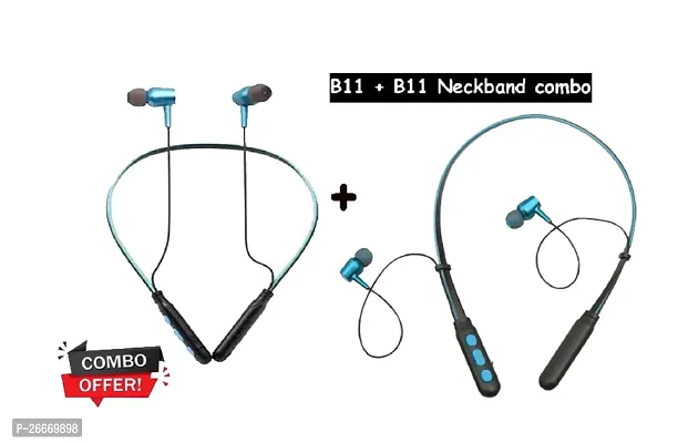 B11 Wireless Bluetooth Neckband Combo Earbud Portable Headset Sports Running Sweatproof Compatible with All Android Smartphones Noise Cancellation.( BLUE, colors) (pack of 02)-thumb0