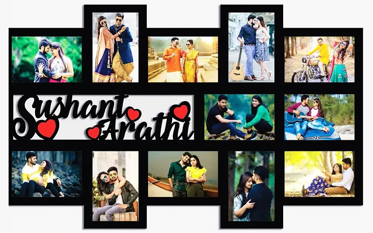 ShivaArts Personalized with 12 Pictures and Text Couple Collage Photo Frame Best Gift For Valentine's Couple Girlfriend Boyfriend Birthday For Anniversary And Birthday, Black