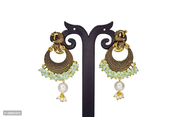 Jewellery Antique Gold Tone Green Stones with Pearls Peacock Design Ethnic Jhumka Earrings For Girls  Women Stylish Latest