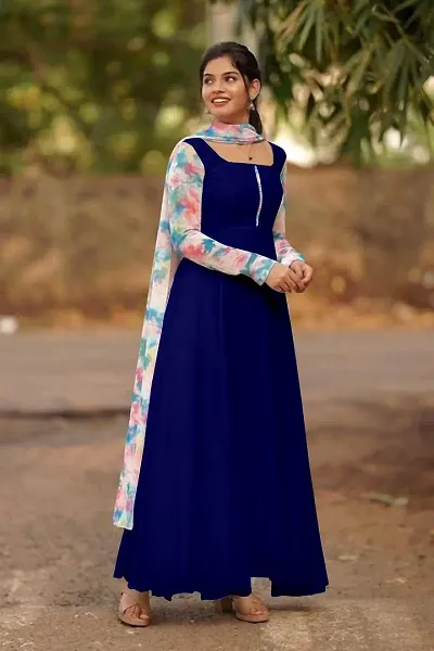 Stylish Georgette Solid Anarkali Gown With Dupatta Set