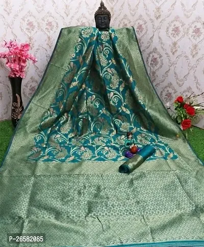 Stylish Cotton Silk Sea Green Woven Design Saree with Blouse piece For Women-thumb0