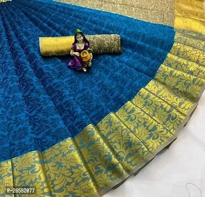 Stylish Cotton Silk Blue Woven Design Saree with Blouse piece For Women-thumb0