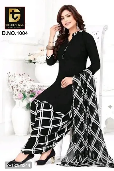 Elegant Black Synthetic Printed Dress Material with Dupatta For Women-thumb0