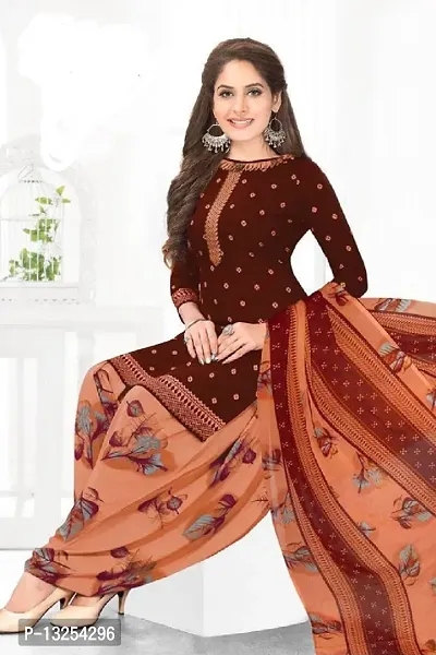 Elegant Peach Synthetic Printed  Dress Material with Dupatta For Women