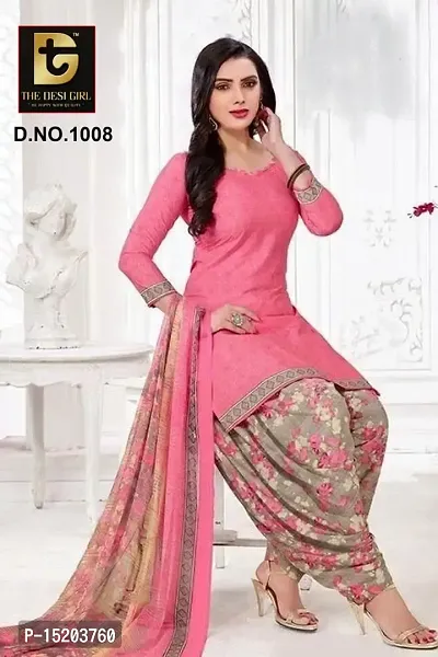 Elegant Coral Synthetic Floral Print Dress Material with Dupatta For Women
