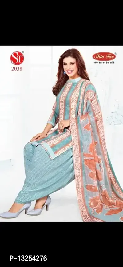 Elegant Turquoise Synthetic Printed  Dress Material with Dupatta For Women-thumb0