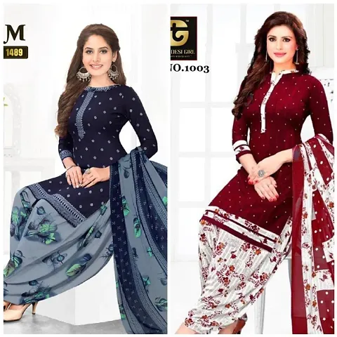 Stylish Synthetic Printed Dress Material with Dupatta - Pack Of 2