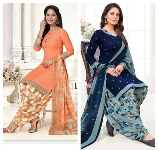 Stylish Synthetic Crepe Printed Dress Material with Dupatta - Pack Of 2