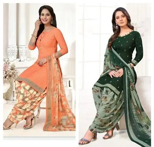 Stylish Synthetic Crepe Printed Dress Material with Dupatta - Pack Of 2