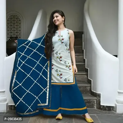 Rayon cotton printed kurta set with stylish embellished dupatta And palazzo