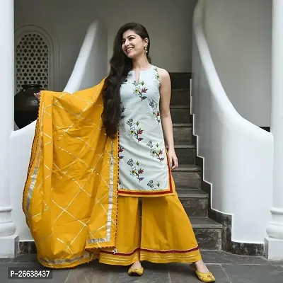 Rayon cotton printed kurta set with stylish embellished dupatta And palazzo