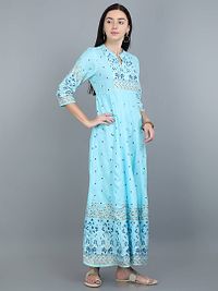 Stylish Rayon Sky Blue Printed 3/4 Sleeves Floor Length Flared Long Kurta For Women-thumb2