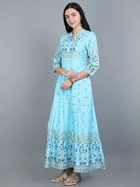 Stylish Rayon Sky Blue Printed 3/4 Sleeves Floor Length Flared Long Kurta For Women-thumb1