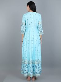 Stylish Rayon Sky Blue Printed 3/4 Sleeves Floor Length Flared Long Kurta For Women-thumb3