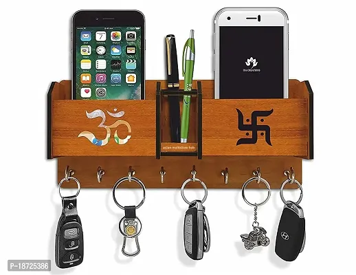 Crecimiento Arte Key Holder for Home Wall Stylish Om Swastik Design with Pen and Key Holder Stand Wooden for Home