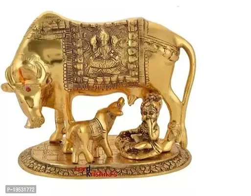 Golden Kamdhenu Cow with Calf and Krishna Brass God Idol and Figurine Showpiece For Decor and Puja Mandir (Golden Cow)-thumb0