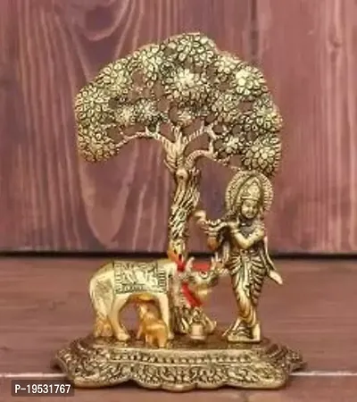 Metal Krishna With Cow Standing Under Tree Playing Flute Decorative Showpiece Idol-thumb0