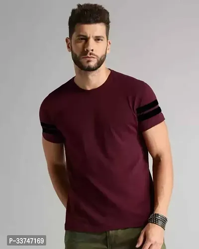 Stylish Maroon Cotton Blend Round Neck Tees For Men-thumb0