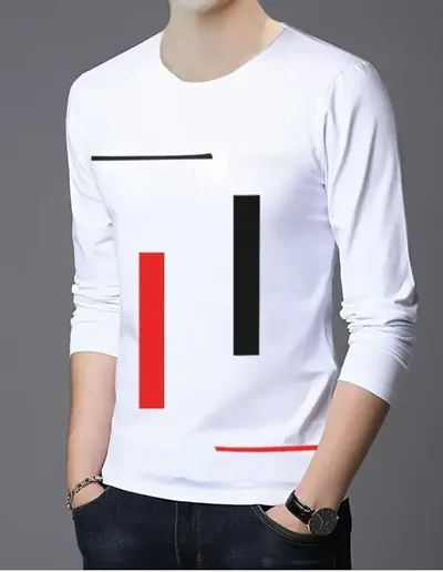 Stylish Polycotton Self Pattern Full Sleeve Round Neck Tees For Men