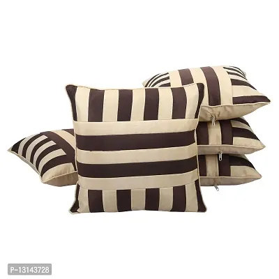 Clasiko Cushion Covers Set of 5 Brown & Beige Stripes; Raw Silk Fabric; 18x18 Inches; Color Fastness Guarantee-thumb0