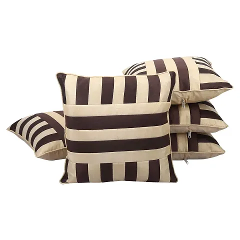 Clasiko Cushion Covers Set of 5 Brown & Beige Stripes; Raw Silk Fabric; 16x16 Inches; Color Fastness Guarantee