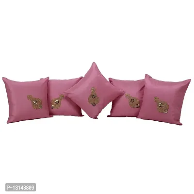 Clasiko Cushion Covers Set of 5 with Motif; Color - Pink; Raw Silk Fabric; 12x12 Inches; Color Fastness Guarantee