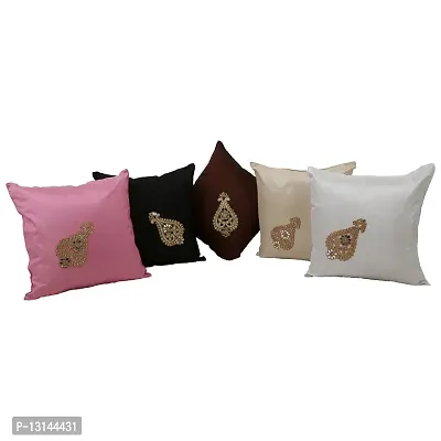 Clasiko Cushion Covers Set of 5 with Motif; Color - Multicolor; Raw Silk Fabric; 18X18 Inches; Color Fastness Guarantee-thumb0