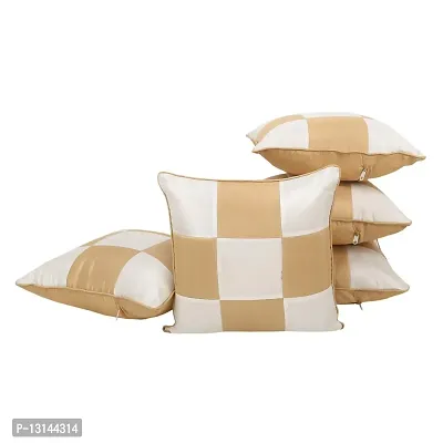 Clasiko Cushion Covers Set of 5 Beige & White Checks; Raw Silk Fabric; 16x16 Inches; Color Fastness Guarantee-thumb2