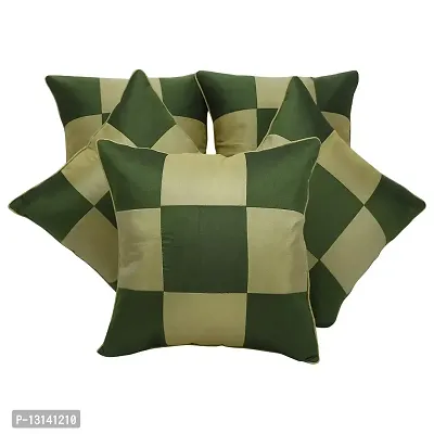 Clasiko Cushion Covers Set of 5 Dark & Light Green Checks; Raw Silk Fabric; 12x12 Inches; Color Fastness Guarantee-thumb0