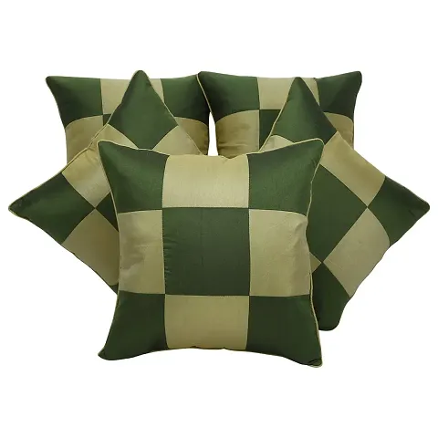 Clasiko Cushion Covers Set of 5 Beige & White Checks; Raw Silk Fabric; 16x16 Inches; Color Fastness Guarantee