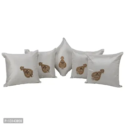 Clasiko Cushion Covers Set of 5 with Motif; Color - Beige; Raw Silk Fabric; 16x16 Inches; Color Fastness Guarantee-thumb0