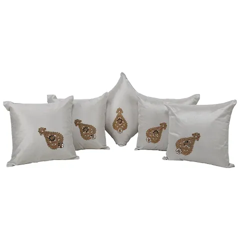 Clasiko Cushion Covers Set of 5 with Motif; Color - Beige; Raw Silk Fabric; 16x16 Inches; Color Fastness Guarantee