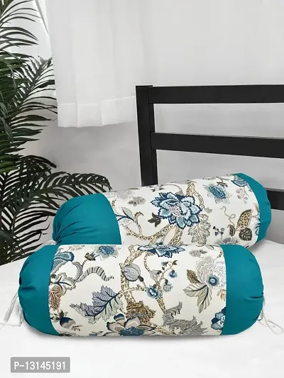 Clasiko? Cotton Bolster Covers; Set of 2; 220 TC; Printed with Teal Blue Border; 30x15 Inches