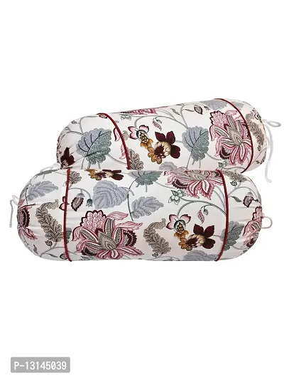 Clasiko? Cotton Bolster Covers; Set of 2; 210 TC; Pink Grey Leaves; 30x15 Inches-thumb3