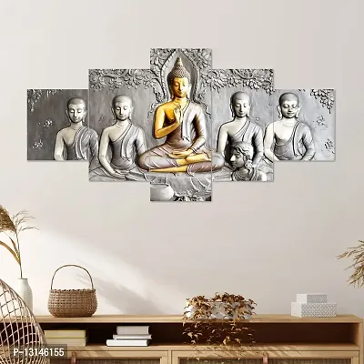 Clasiko Set Of 5 Pcs 3D Wall Painting With Frame; 17x30 Inches; Silver Buddha-thumb0