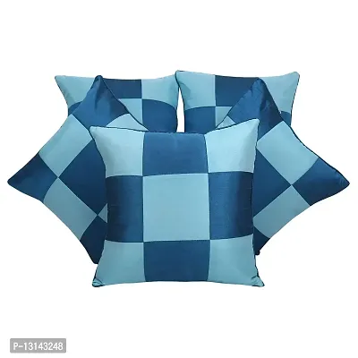 Clasiko Cushion Covers Set of 5 Blue & Aqua Checks; Raw Silk Fabric; 12x12 Inches; Color Fastness Guarantee