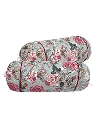 Clasiko? Cotton Bolster Covers; Set of 2; 210 TC; Multicolor Flowers On Light Green; 30x15 Inches-thumb2