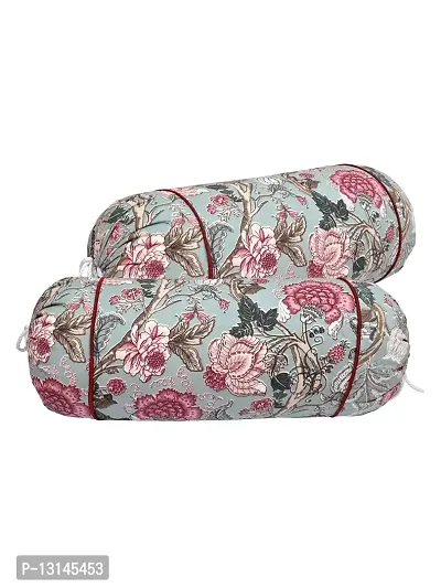 Clasiko? Cotton Bolster Covers; Set of 2; 210 TC; Multicolor Flowers On Light Green; 30x15 Inches-thumb3