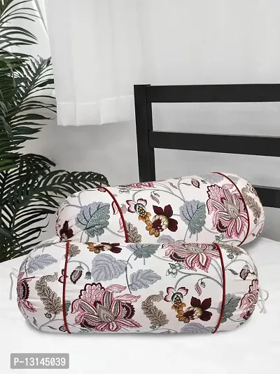 Clasiko? Cotton Bolster Covers; Set of 2; 210 TC; Pink Grey Leaves; 30x15 Inches