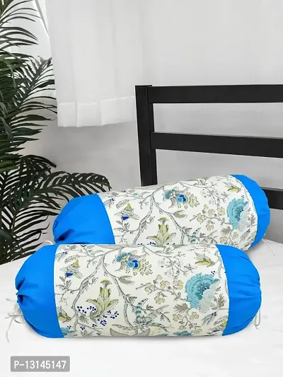 Clasiko? Cotton Bolster Covers; Set of 2; 220 TC; Printed with Blue Border; 30x15 Inches