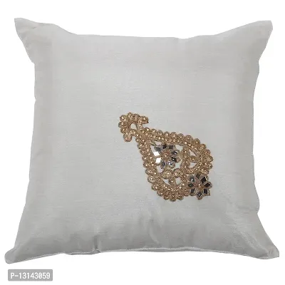 Clasiko Cushion Covers Set of 5 with Motif; Color - Beige; Raw Silk Fabric; 16x16 Inches; Color Fastness Guarantee-thumb2