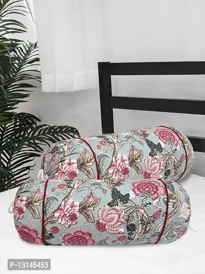 Clasiko? Cotton Bolster Covers; Set of 2; 210 TC; Multicolor Flowers On Light Green; 30x15 Inches