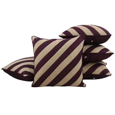 Clasiko Cushion Covers Set of 5 Golden & White Stripes; Raw Silk Fabric; 24x24 Inches; Color Fastness Guarantee