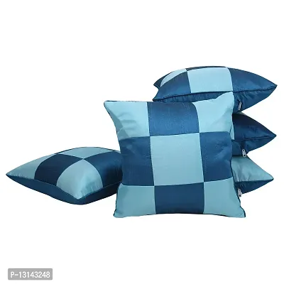 Clasiko Cushion Covers Set of 5 Blue & Aqua Checks; Raw Silk Fabric; 12x12 Inches; Color Fastness Guarantee-thumb2