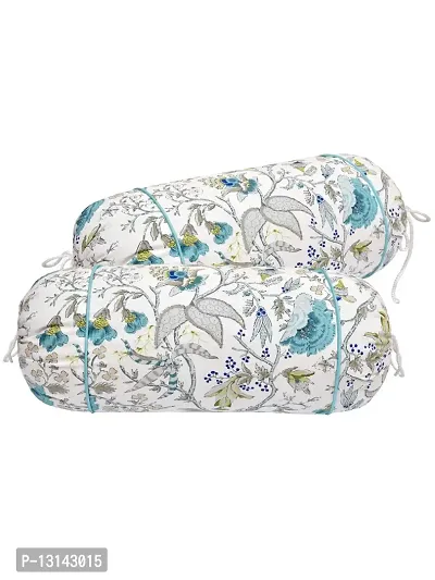 Clasiko? Cotton Bolster Covers; Set of 2; 210 TC; Turquoise Blue  Green Flowers; 30x15 Inches-thumb3