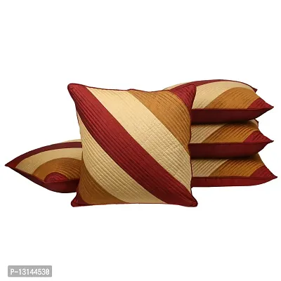 Clasiko Cushion Covers Set of 5 Maroon, Beige & Brown Stripes with Quilting ; Raw Silk Fabric; 24x24 Inches; Color Fastness Guarantee