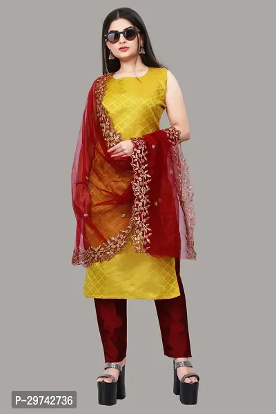 Stylish Jacquard Kurta And Pant With Dupatta Set For Women-thumb0