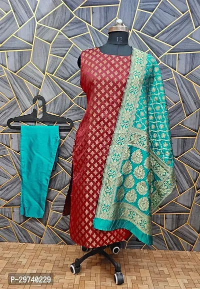 Stylish Jacquard Kurta And Pant With Dupatta Set For Women-thumb0